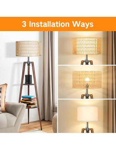 Lámpara de Pie Tripode Boho OUTON con Estantes y Control Remoto