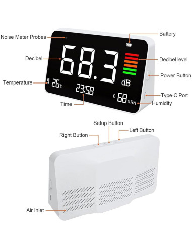 Medidor de Decibelios 5 en 1 Buumin con Pantalla LCD 8.5"