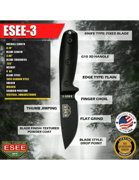 Cuchillo ESEE-3 Fijo 20.8 cm Acero Carbono 1095 Mango G10 Cuchillo ESEE-3 Fijo 20.8 cm Acero Carbono 1095 Mango G10