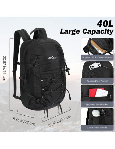 Mochila de Senderismo MoKo 40L Resistente al Desgarro Negra
