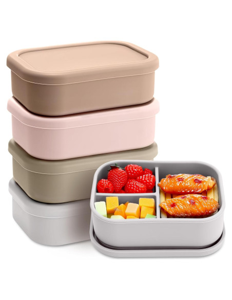 Honeydak 4 Cajas de Almuerzo de Silicona Bento 3 Compartimentos Honeydak 4 Cajas de Almuerzo de Silicona Bento 3 Compartimentos