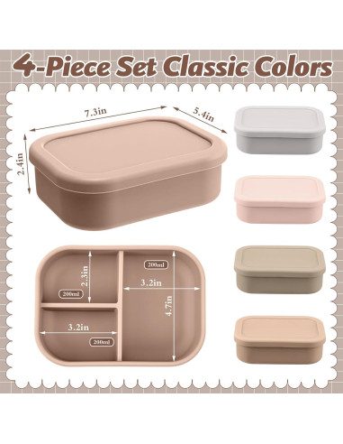 Honeydak 4 Cajas de Almuerzo de Silicona Bento 3 Compartimentos