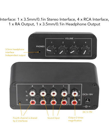 Mezclador de Sonido Estéreo 4 Canales ASHATA con Control de Volumen