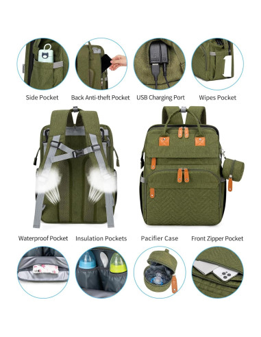 Mochila de Pañales KABAQOO Verde Militar 35L, Ergonomía y Estación de Cambio