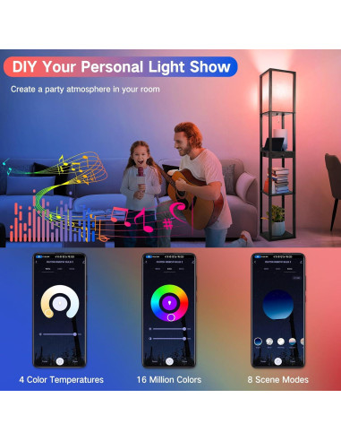 Lámpara de Pie LED OUTON con Estantes y Cajón, Control Remoto