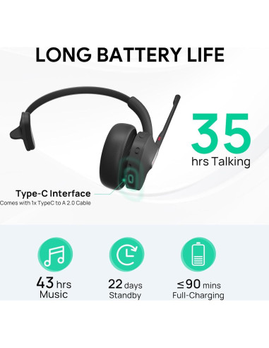 Auricular Inalámbrico Yealink BH70 Mono con Base USB-C, 35h Batería