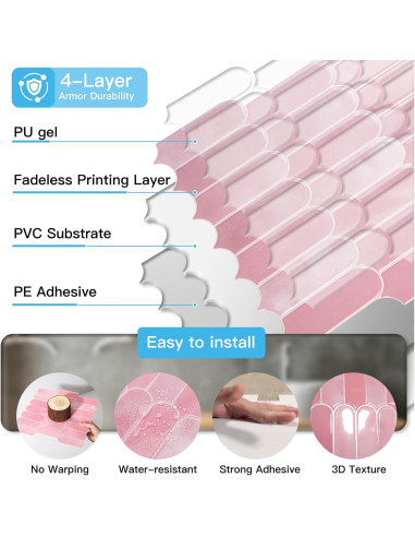 Azulejos de Pared Autoadhesivos Art3d 30.48 cm Rosa - 10 Unidades