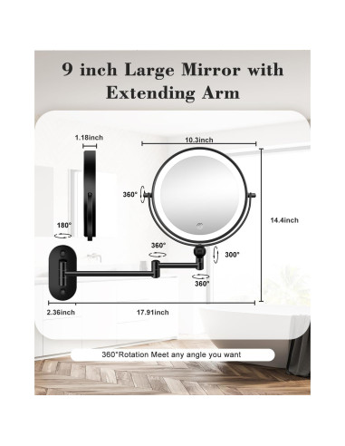 Espejo de Maquillaje Montado en Pared vpu 9" con Luz LED 20X/1X