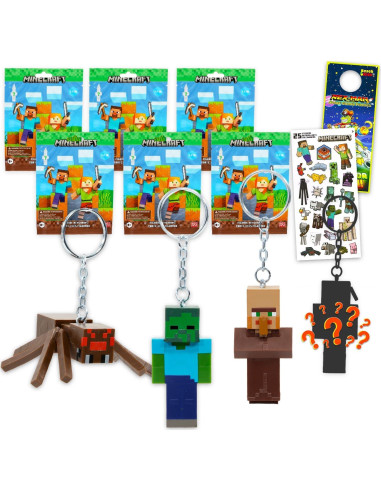 Llaveros Figurales Minecraft - Paquete de 6 Mini Figuras + Stickers