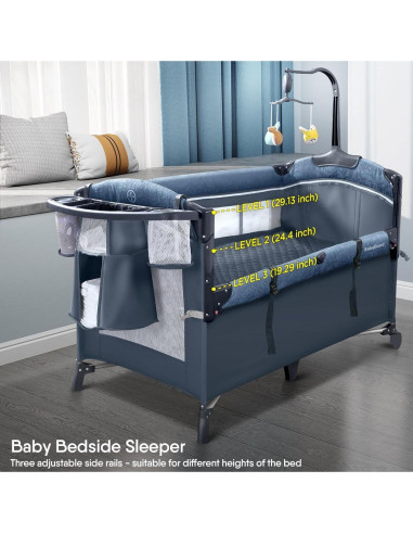 Cuna Lateral BabyBond UP650S Azul con Mesa de Cambio y Móvil