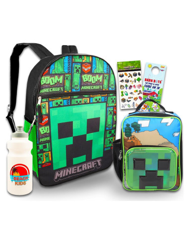 Mochila Minecraft 40.64 cm + Set Almuerzo + Botella Agua