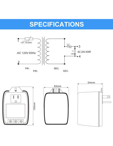 Transformador Hotop 24V 40VA Enchufable con Fusible PTC