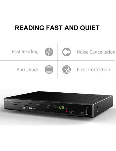 Reproductor Blu-Ray LONPOO HD 1080P Negro con HDMI y USB