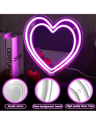 Espejo Neon Corazón LED Rosa 30.48 cm Decorativo Chitidr