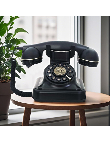 Teléfono Fijo Retro TelPal Negro 1930 con Botón de Re-dial Teléfono Fijo Retro TelPal Negro 1930 con Botón de Re-dial