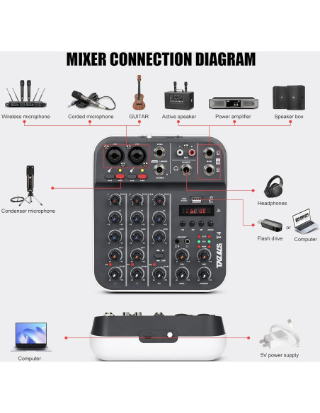 Mezclador de Audio Profesional TKLBLS T4 4 Canales USB/Bluetooth Mezclador de Audio Profesional TKLBLS T4 4 Canales USB/Bluetooth