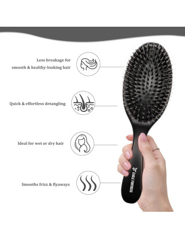 Cepillo Desenredador EAGLE FORTRESS con Cerdas de Jabalí y Nylon - Negro