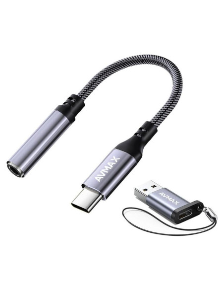 Adaptador de Auriculares AVMAX USB C a 3.5mm Gris - Compatible con iPhone y Galaxy Adaptador de Auriculares AVMAX USB C a 3.5mm Gris - Compatible con iPhone y Galaxy