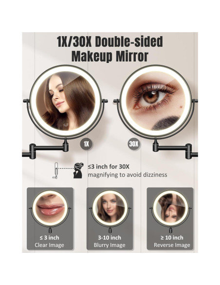 Espejo de Maquillaje Iluminado VFD 8" Doble Cara 30X/1X Pared Espejo de Maquillaje Iluminado VFD 8" Doble Cara 30X/1X Pared