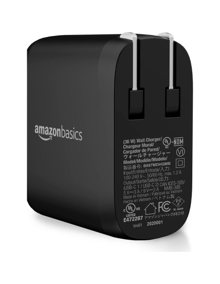 Cargador de pared USB-C 36W Amazon Basics, 2 puertos, Negro Cargador de pared USB-C 36W Amazon Basics, 2 puertos, Negro