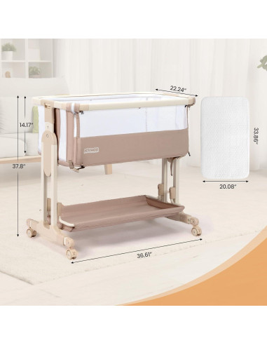 Cuna Lateral JOYMOR 4 en 1 Beige, 7 Alturas Ajustables