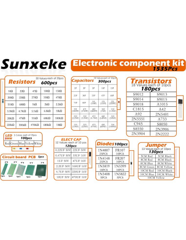 Kit de Componentes Electrónicos 1535pcs Sunxeke - Resistencias, Transistores, LED