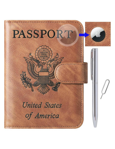 Funda de Pasaporte LOHASLIFE con Soporte para AirTag RFID Marrón