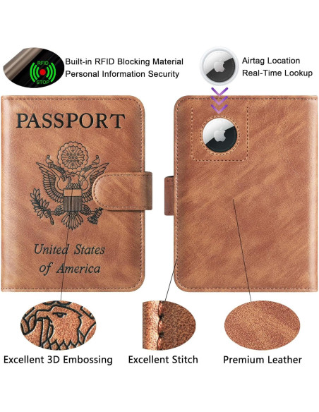 Funda de Pasaporte LOHASLIFE con Soporte para AirTag RFID Marrón Funda de Pasaporte LOHASLIFE con Soporte para AirTag RFID Marrón