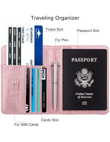 Portapasaportes WALNEW RFID Cuero PU Rosa con Bolígrafo