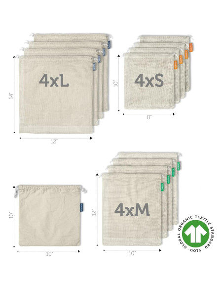 12 Bolsas Reutilizables de Algodón Orgánico Cottify - 4 Tamaños 12 Bolsas Reutilizables de Algodón Orgánico Cottify - 4 Tamaños