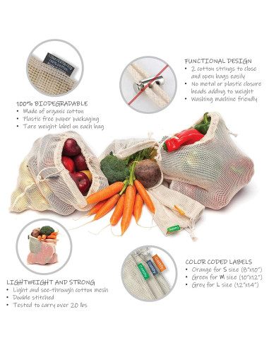 12 Bolsas Reutilizables de Algodón Orgánico Cottify - 4 Tamaños