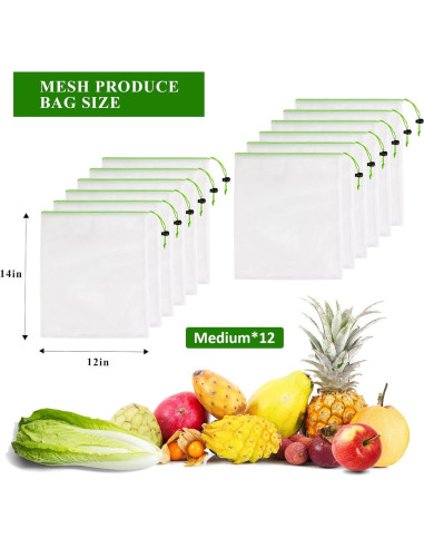 Juego de 12 Bolsas de Malla Reutilizables JSVSLTD Verde Medianas
