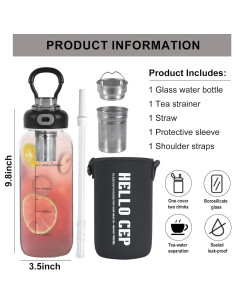 Botella de Agua de Vidrio 1006ml Wangsdjy con Popote y Funda 2