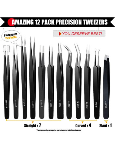 Juego de Pinzas de Precisión Antonki 12 Piezas con Estuche