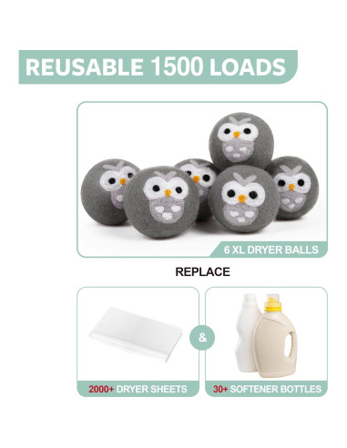 Bolas de Secado Reutilizables Calindiana 100% Lana XL Gris - Paquete de 6
