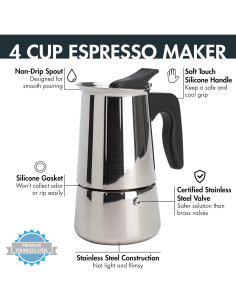 Cafetera Espresso Primula de Acero Inoxidable 4 Tazas 2