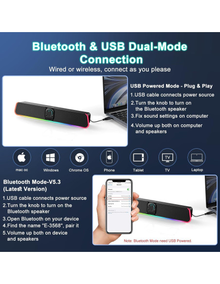 Barra de Sonido USB Bluetooth BUSP-HYY E-3568 con RGB 2.0