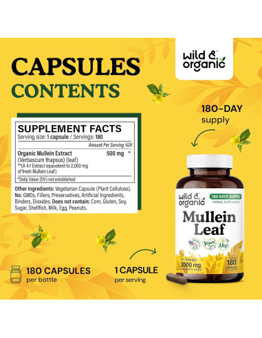 Cápsulas de Mullein Silvestre y Orgánico 2000 mg - 180 Veganas