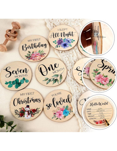 Tarjetas de Hitos Mensuales para Bebés HOUISM - 12 Discos de Madera
