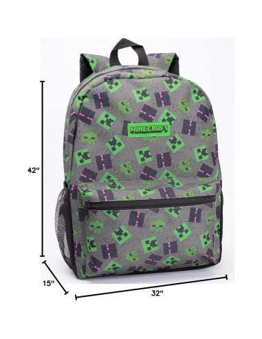 Mochila Escolar Minecraft 4 Piezas Gris - Creeper, Zombie, Enderman