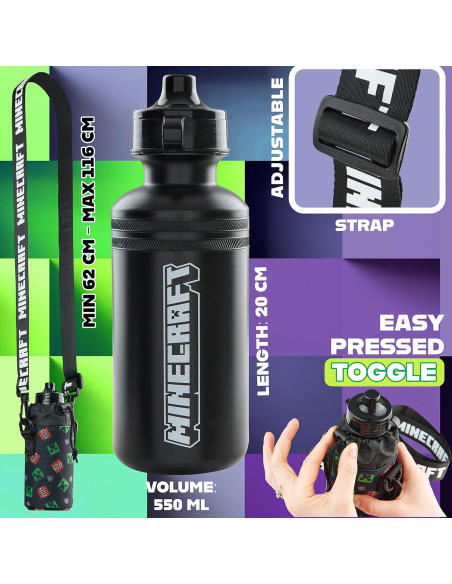 Botella de Agua Minecraft 550ml con Correa Ajustable - Libre BPA Botella de Agua Minecraft 550ml con Correa Ajustable - Libre BPA