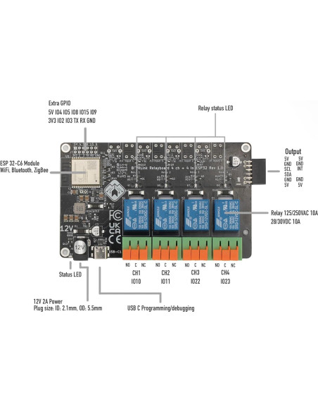 Módulo de Relé 4 Canales BEVRLink ESP32-C6 WiFi Bluetooth Zigbee Módulo de Relé 4 Canales BEVRLink ESP32-C6 WiFi Bluetooth Zigbee