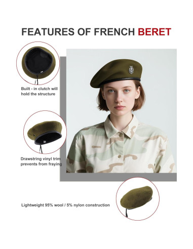 Gorro Beret Militar 100% Lana Verde Oliva para Mujeres