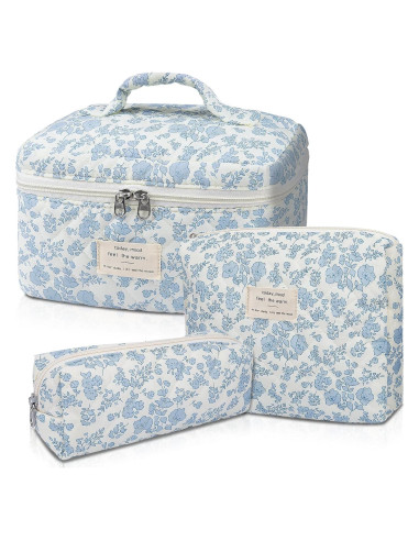 Bolsa de Maquillaje Acolchada Floral Grande Algodón 3 Piezas