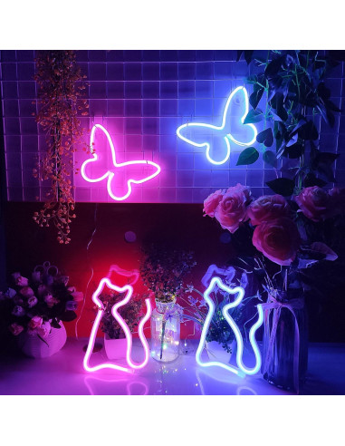 Letrero de Neón Gato JYWJ LED Azul, Alimentación USB o Pilas