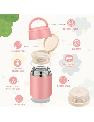 Tarro Térmico WXXM 295ml Rosa para Niños con Cuchara