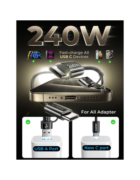 Cable USB C a USB C LISEN 240W Carga Rápida 2 Piezas 0.91m Negro Cable USB C a USB C LISEN 240W Carga Rápida 2 Piezas 0.91m Negro