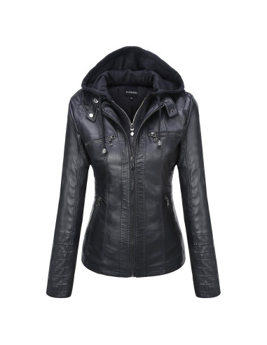 Chaqueta de Cuero Sintético para Mujer Tanming con Capucha - X-Large