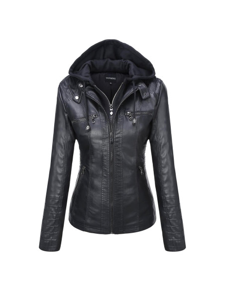 Chaqueta de Cuero Sintético para Mujer Tanming con Capucha - X-Large Chaqueta de Cuero Sintético para Mujer Tanming con Capucha - X-Large