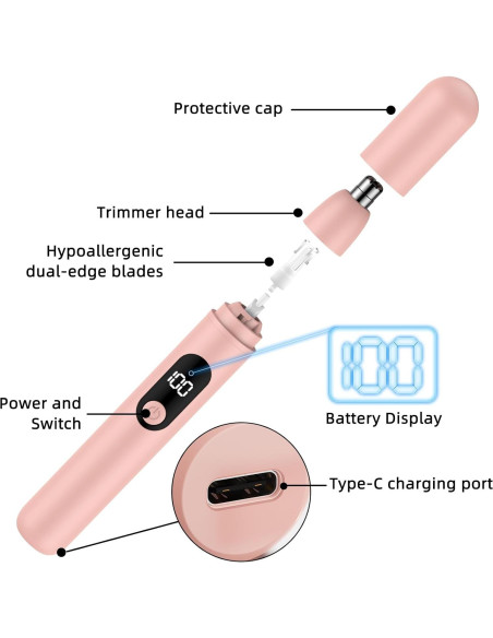 Recortador de Vello Nasal Inalámbrico Recargable Rosa - Indoloro Recortador de Vello Nasal Inalámbrico Recargable Rosa - Indoloro